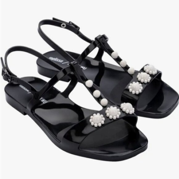Melissa + Jason Wu White Daisy Beaded T-Stap Flat Jelly Sandals sz 9 New - Picture 1 of 5